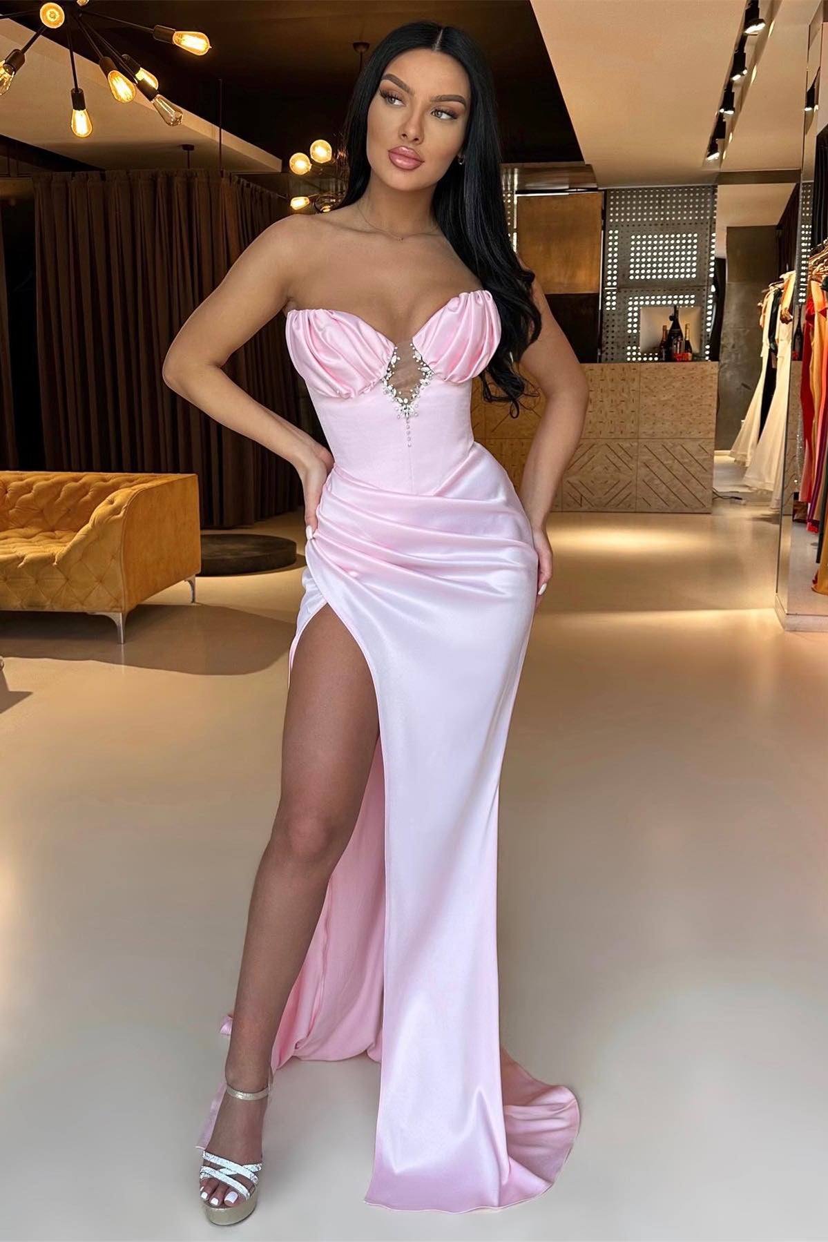 Gorgeous Pink Strapless Mermaid Prom Dress Pleats Beaded Split Online