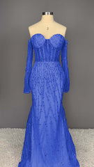 Heavy Champagne Prom Dress Sweetheart Long Sleeves Strapless Beads Mermaid Tulle