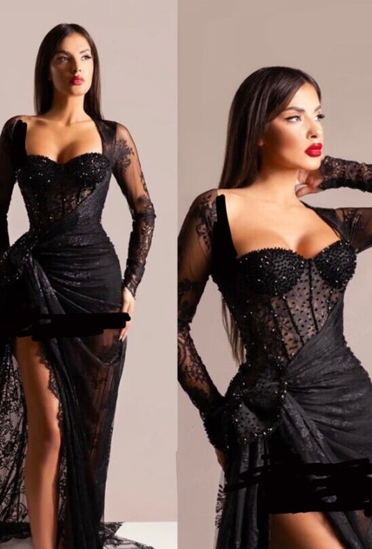 Beautiful Black Long Sleeves Prom Dresses Lace With High Slit