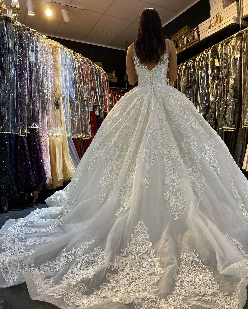 V-neck Applique Lace Wedding Dress with Backless Modern Floor-length Train