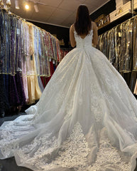 V-neck Applique Lace Wedding Dress with Backless Modern Floor-length Train