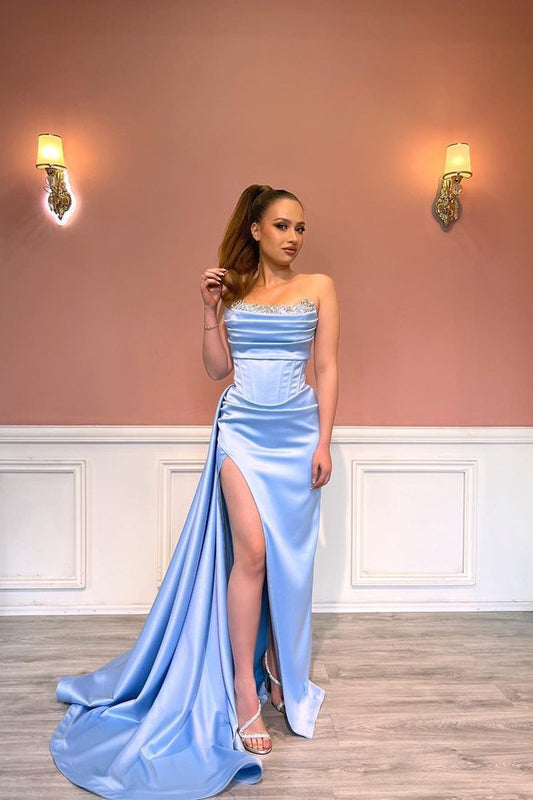 Stunning Sky Blue Strapless Prom Dresses Mermaid Pleats Ruffles With Beads Slit