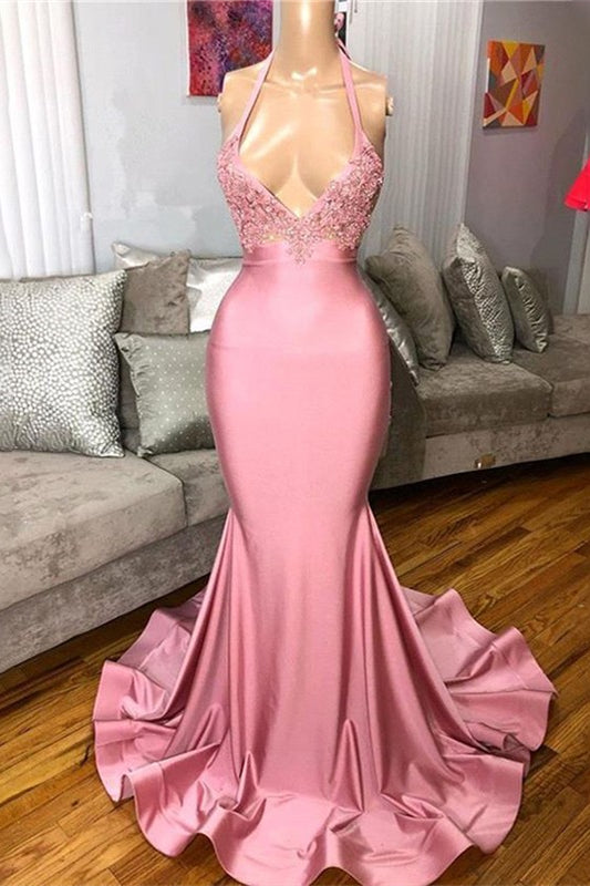 Elegant Spaghetti-Straps Mermaid Pink Prom Dress V-Neck With Appliques