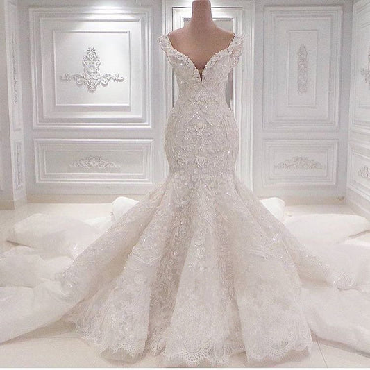 Elegant V-neck Mermaid Wedding Dress with Ruffles and Lace Appliques