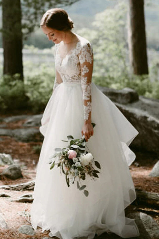 Elegant Floor-Length Sheer Lace Wedding Dress With Long Sleeves and Tulle A-Line