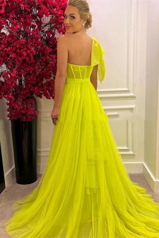  Yellow One-Shoulder Tulle Prom Dress A-Line with Long Split