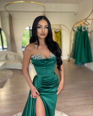 Dark Green Strapless Mermaid Prom Dress Sleeveless Pleated with Beads