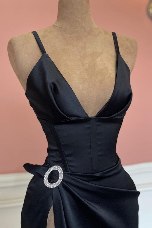 Modern Black Sleeveless V-Neck Mermaid Prom Dress With Split