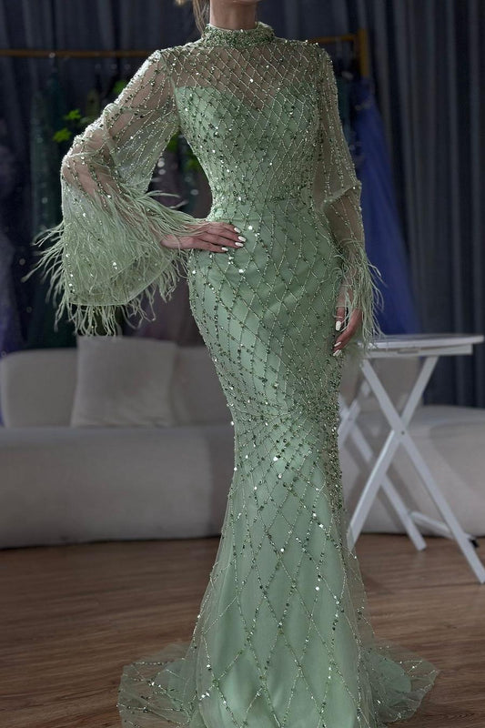 Green Long Sleeve Sequins Mermaid Prom Dress with Straight Across