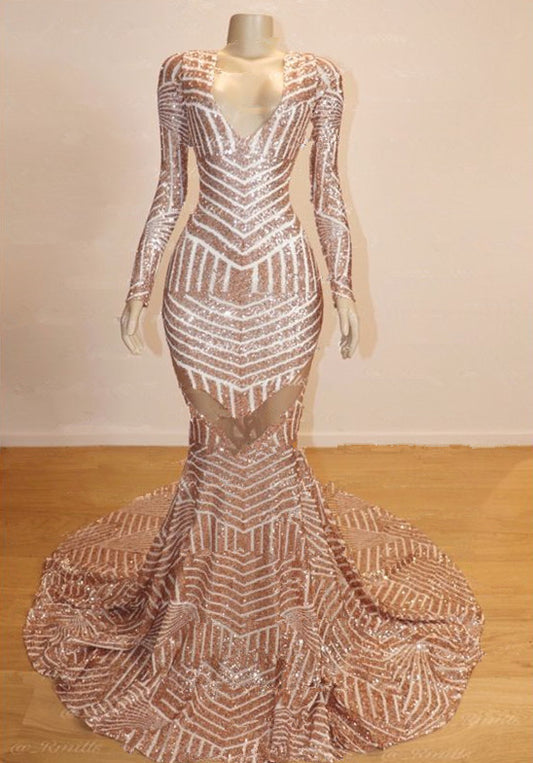 Gorgeous Long Sleeves V-Neck Prom Dress Mermaid Sequins On Sale