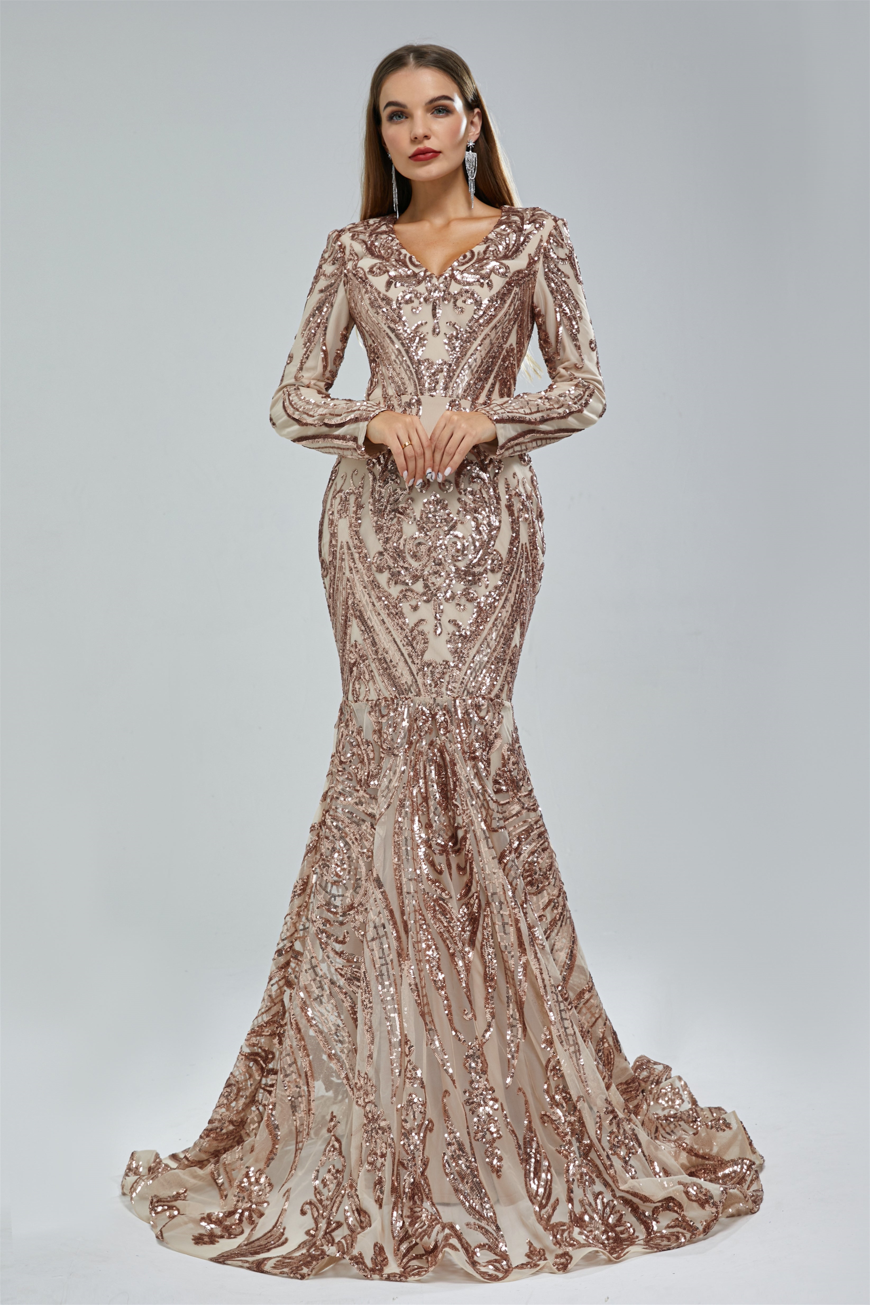 Gorgeous V-Neck Mermaid Prom Dress Long Sleeves Sequins Long
