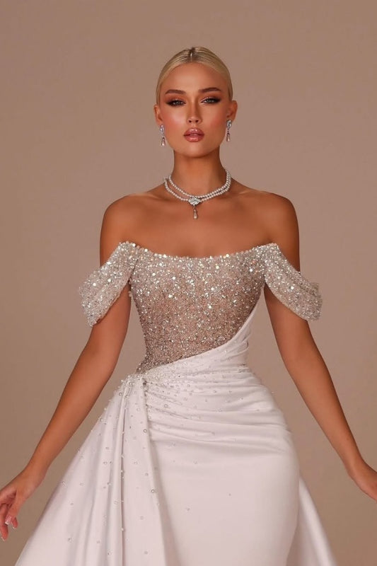 White Off-the-Shoulder Sequins Long Prom Dress Sleeveless with Beads