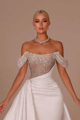 White Off-the-Shoulder Sequins Long Prom Dress Sleeveless with Beads