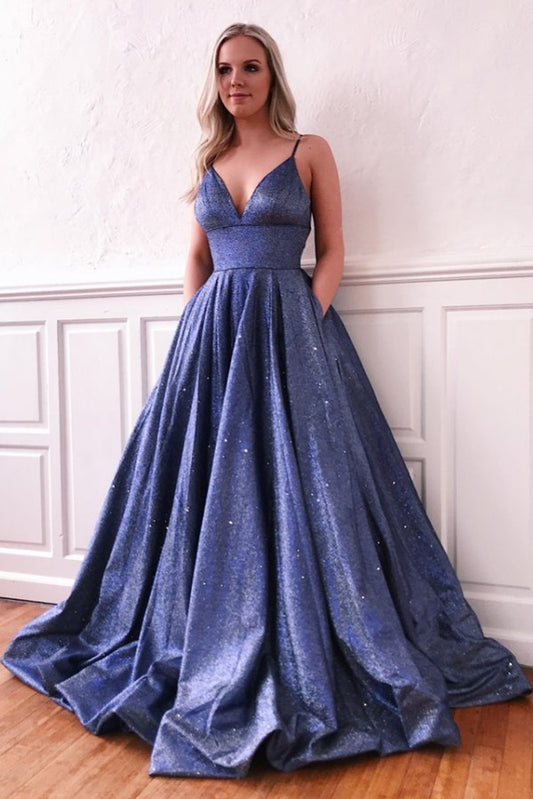 Spaghetti-Straps Stunning Sequins Long Prom Dresses Sleeveless V-Neck