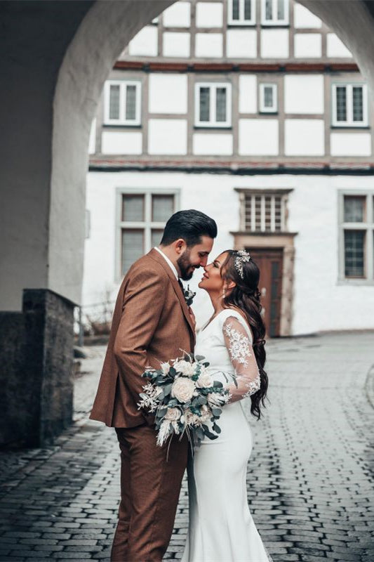 Mermaid Wedding Dress with V Neck and Long Lace Sleeves