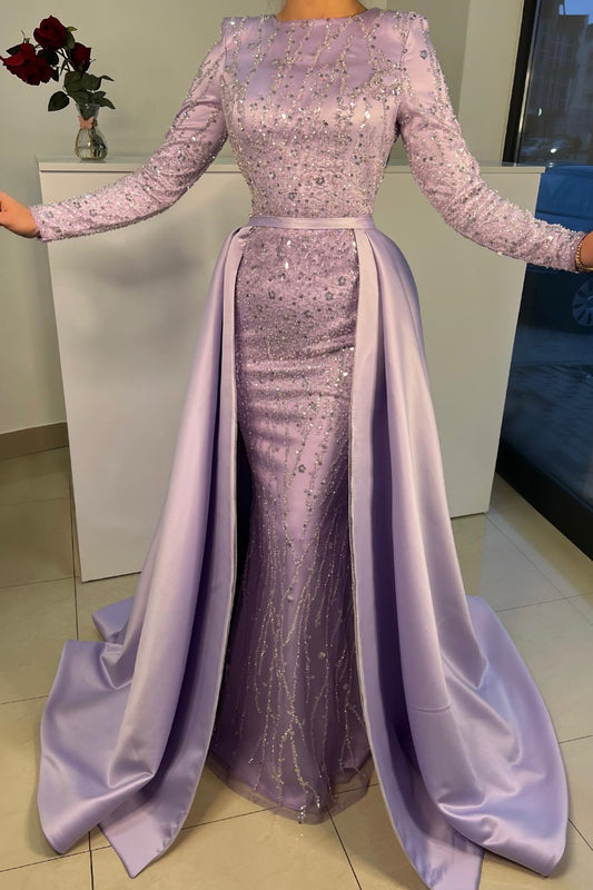 Gorgeous Lilac Long Sleeves Mermaid Prom Dress Overskirt With Sequins Beadings