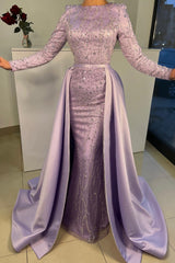 Gorgeous Lilac Long Sleeves Mermaid Prom Dress Overskirt With Sequins Beadings