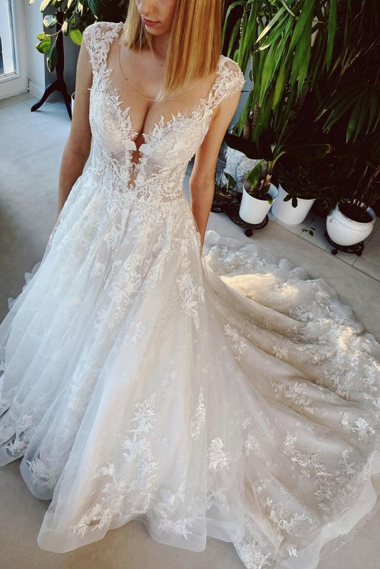 Stunning Backless Lace Bateau Wedding Dress with Appliques and Church Train