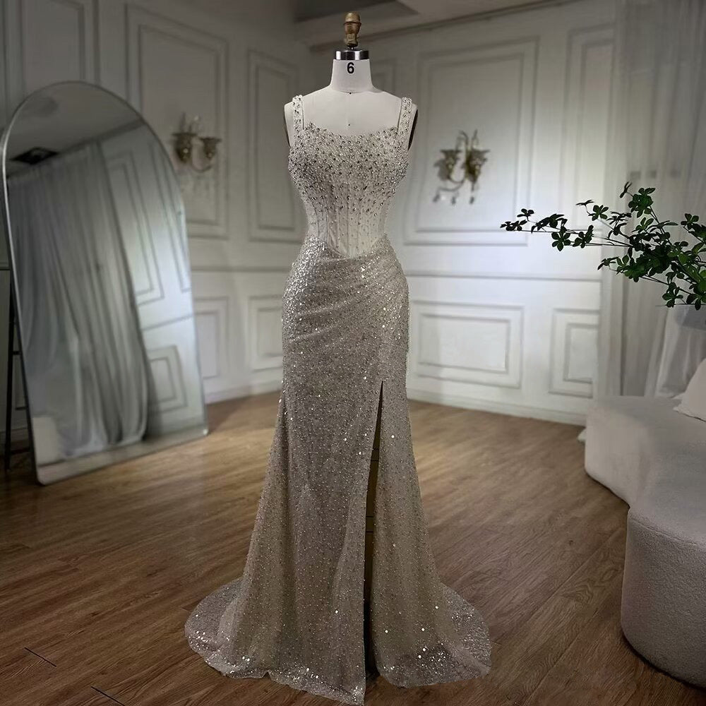 Gorgeous Sequin Prom Dress Mermaid Beaded Floor Length High Slit