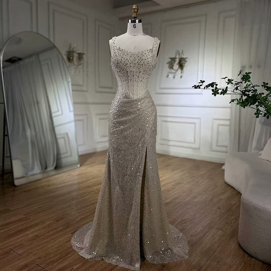 Gorgeous Sequin Prom Dress Mermaid Beaded Floor Length High Slit
