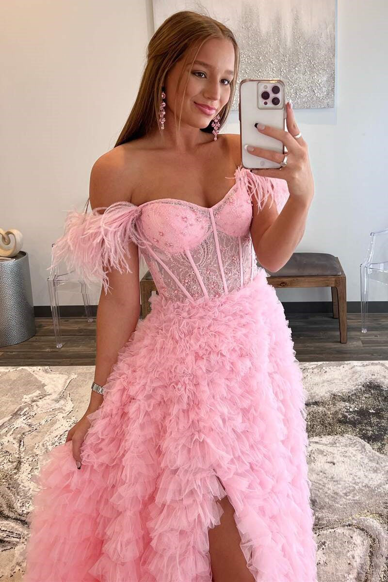 Off-the-Shoulder Pink Prom Dress Feather With Tulle Split