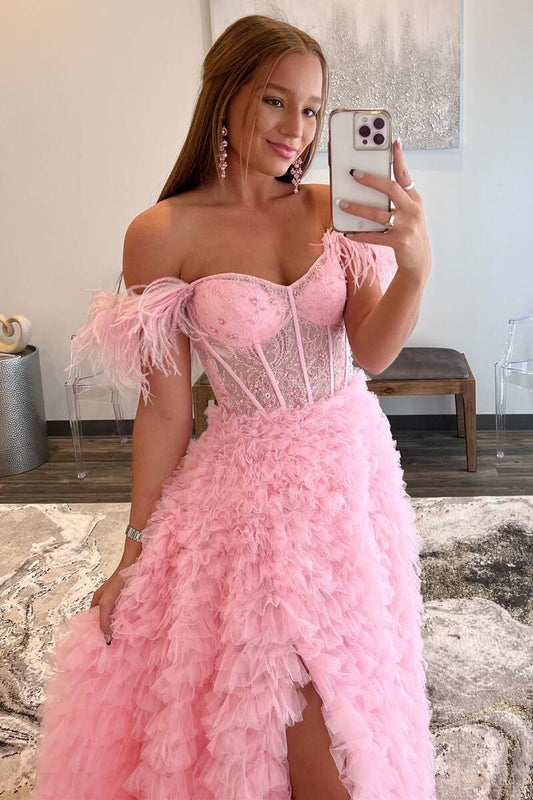 Off-the-Shoulder Pink Prom Dress Feather With Tulle Split