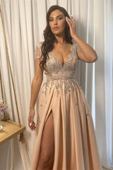 Champagne Prom Dress Lace V Neck Applique with Split
