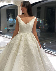 Floor-length A-Line Wedding Dress with Deep V-neck, Elegant Sequins and Appliques Lace