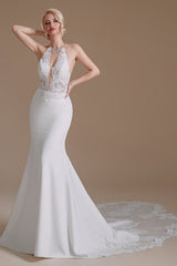 Long Satin Wedding Dress with Elegant Mermaid Halter and Backless Lace Appliques