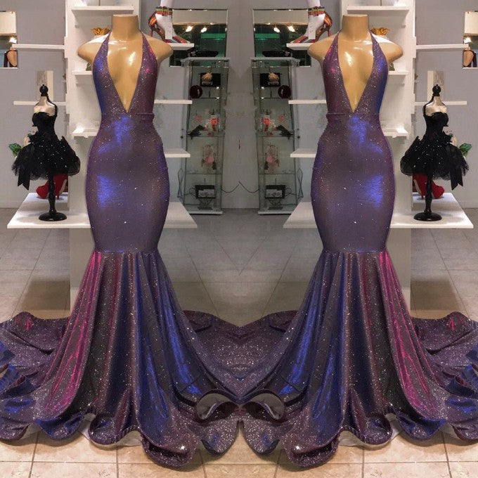 Amazing V-Neck Sleeveless Mermaid Prom Dress Long Shinning Sequins