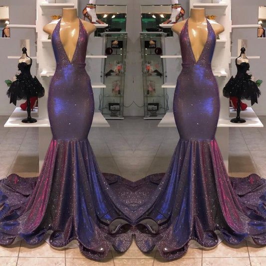 Amazing V-Neck Sleeveless Mermaid Prom Dress Long Shinning Sequins