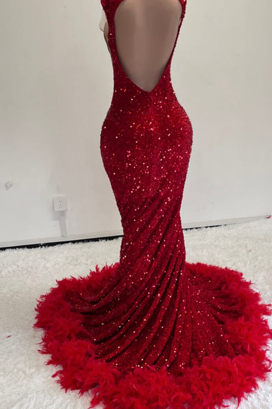 Modern Red Sequins Sleeveless Mermaid Prom Dress Long Beadings With Feather