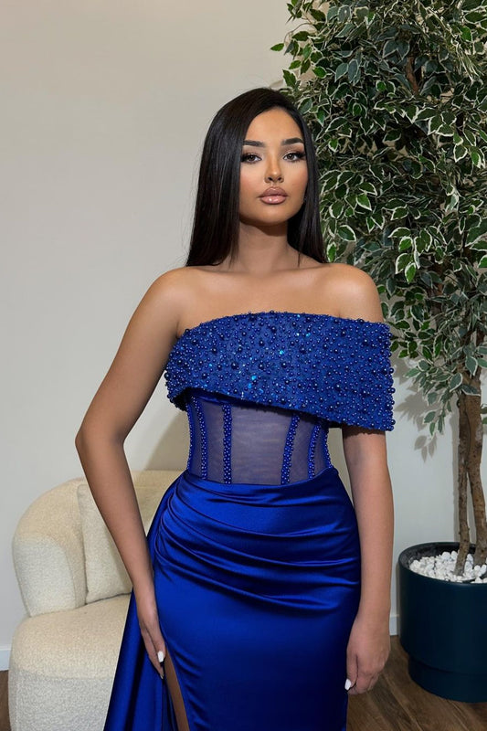 Popular Royal Blue One Shoulder Mermaid Prom Dresses With High Split Pearls