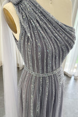 Charming Grey One Shoulder Beadings Prom Dress Tulle Long