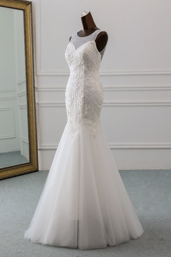 Elegant Lace Mermaid Wedding Gown in Jewel-Toned Tulle with Backless Design