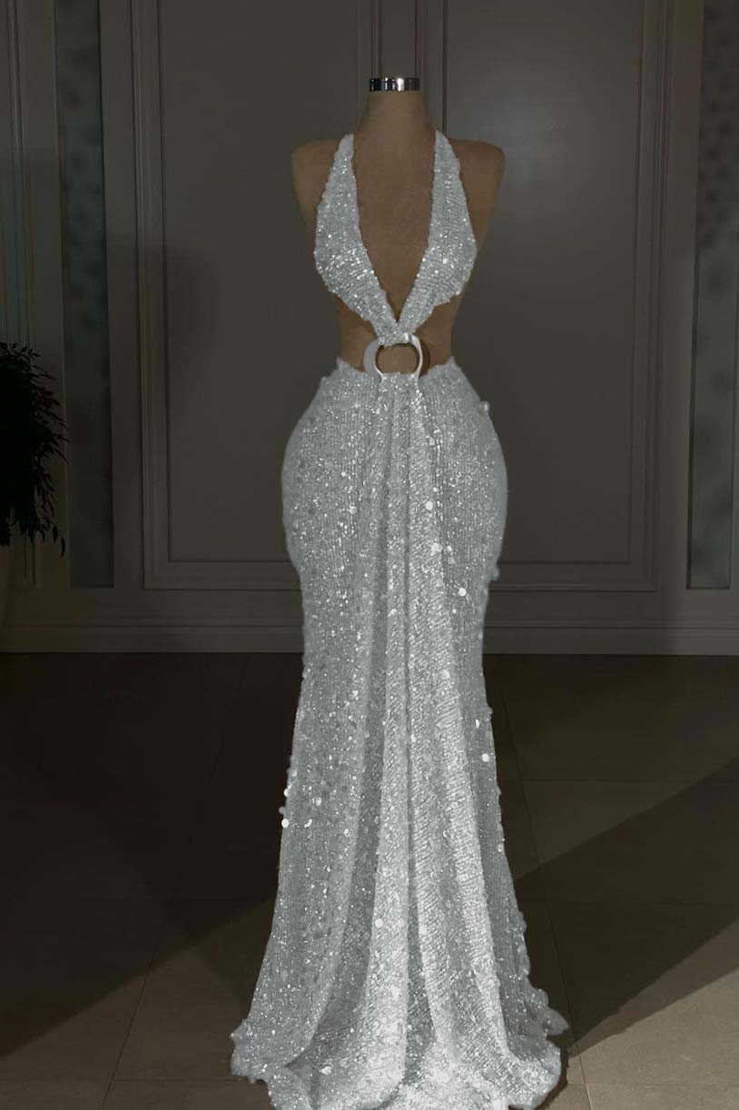Glamorous Gold Halter Backless Sequin Evening Dress