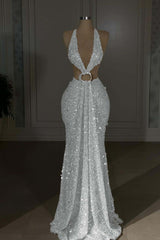 Glamorous Gold Halter Backless Sequin Evening Dress