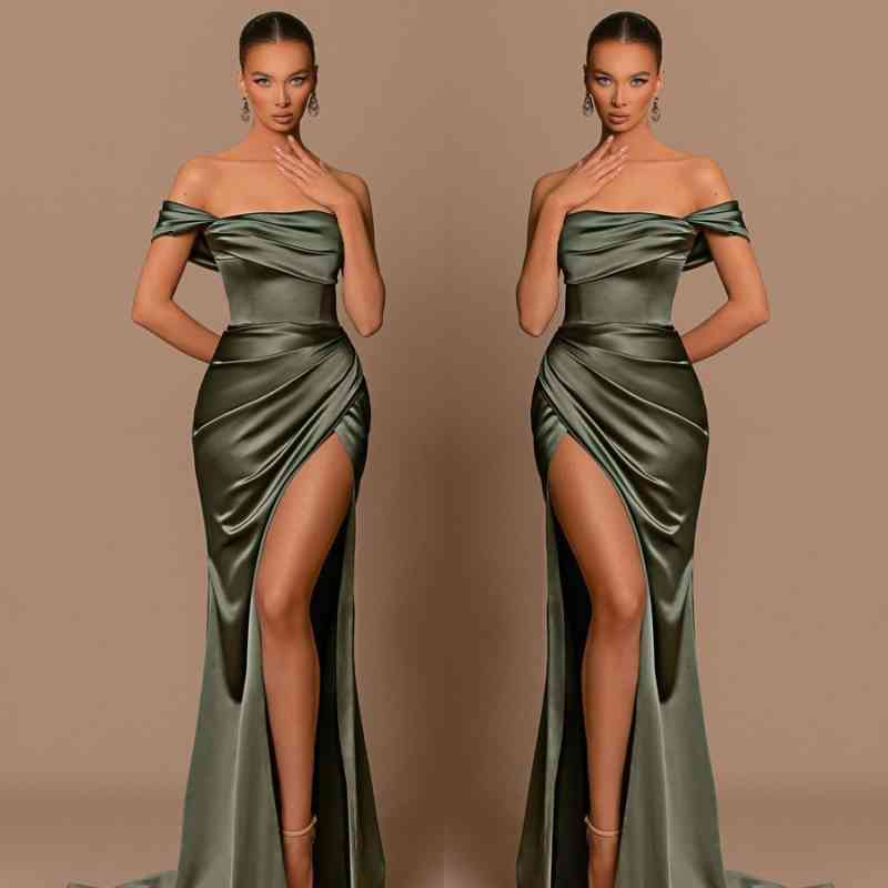 Gorgeous Off-the-Shoulder Mermaid Long Prom Dress Slit With Pleats Online