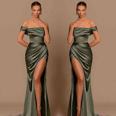 Gorgeous Off-the-Shoulder Mermaid Long Prom Dress Slit With Pleats Online