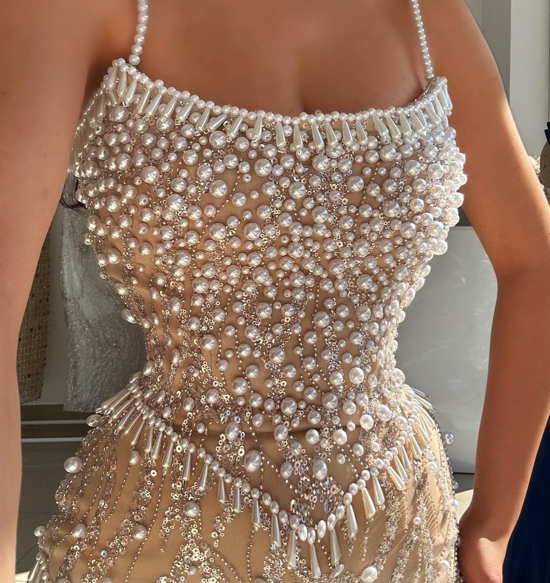 Beautiful Champagne Spaghetti-Straps Prom Dresses With Pearls