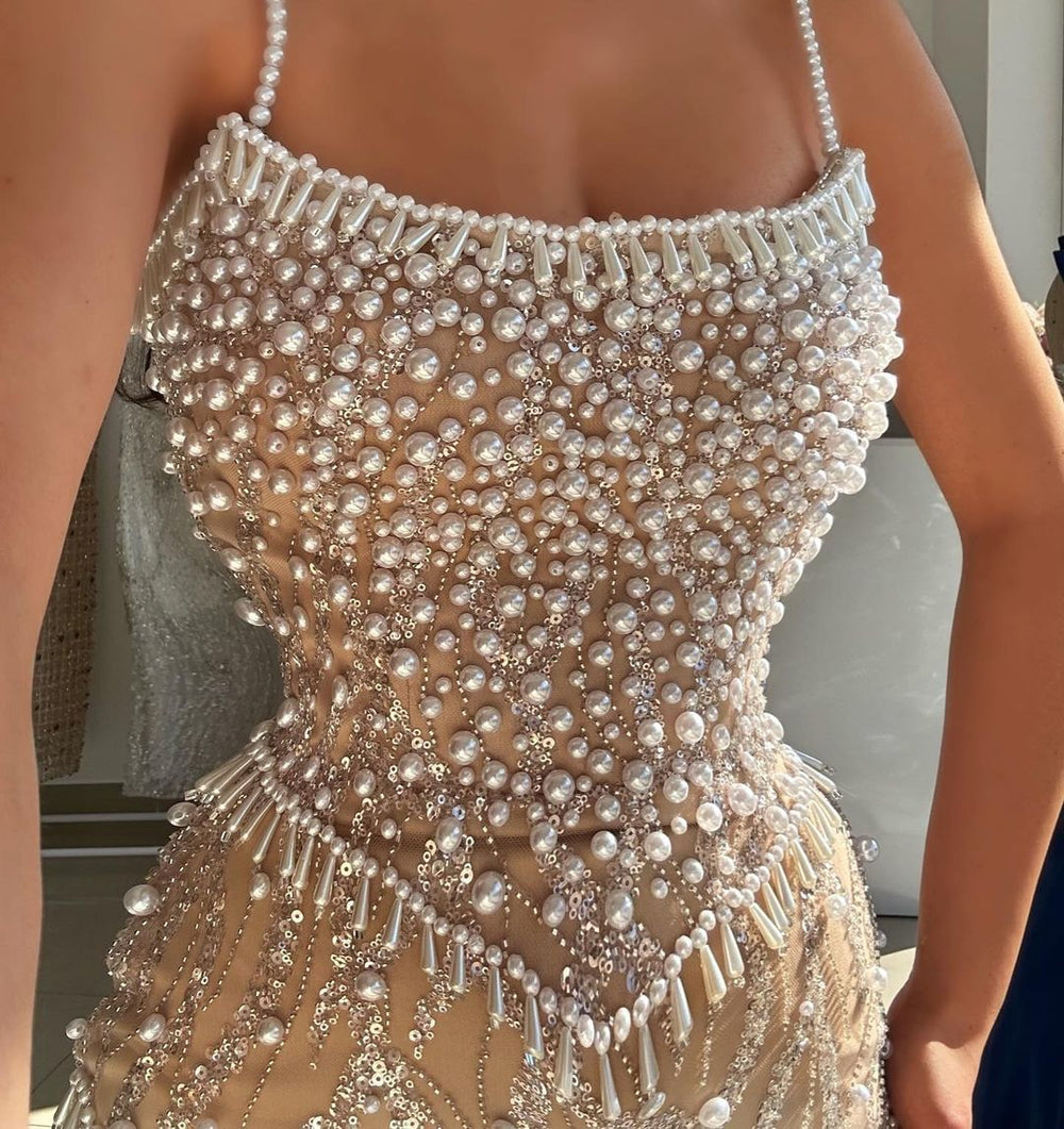 Beautiful Champagne Spaghetti-Straps Prom Dresses With Pearls