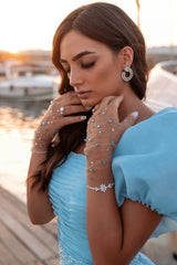 Glorious Ocean Blue Short Bubble Sleeves Mermaid Prom Dress Sequins Tulle Skirt
