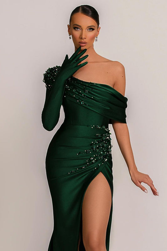 Gorgeous Dark Green One Shoulder Single Sleeve Mermaid Prom Dress Beadings With Split