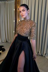 Black And Champagne Prom Dress Long Sleeves Mermaid Slit