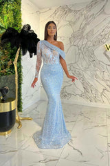 Elegant One Shoulder Long Sleeve Mermaid Evening Dress with Sequins On Sale