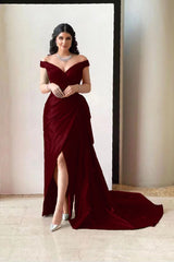 Gorgeous Fuchsia Off-the-Shoulder V-Neck Split Prom Dress with Pleated