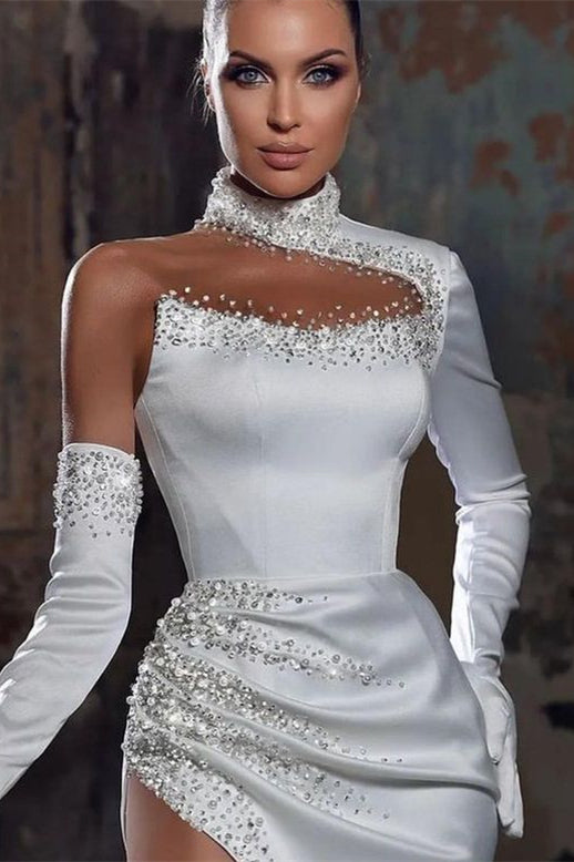 Gorgeous White High Neck Mermaid Prom Dress Split Beads With Long Sleeve Gloves