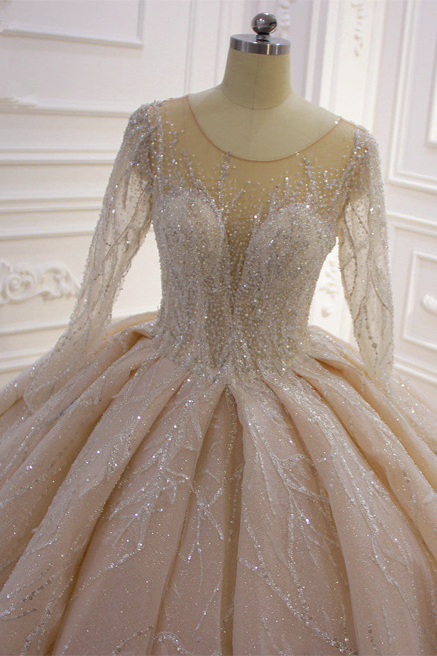 Elegant Bateau Floor-length Ball Gown with Long Sleeves and Ruffles
