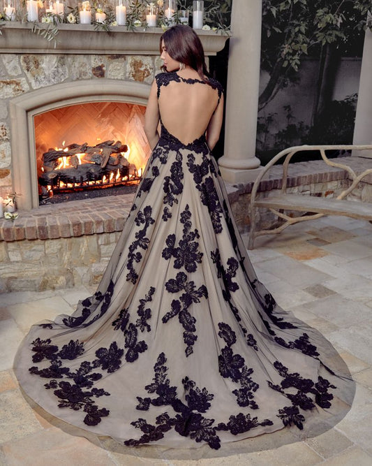 Elegant Black V-neck A-line Bridal Gown Featuring Lace Tulle and Open Back