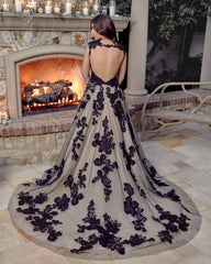 Elegant Black V-neck A-line Bridal Gown Featuring Lace Tulle and Open Back
